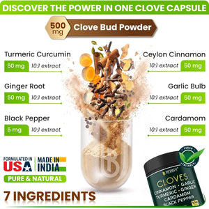 Herbpy 7In1 Clove Supplement 500Mg Rich in Vitamins & Minerals Supports Digestion, Immune & Heart Health with Cinnamon, Turmeric, Ginger, Cardamom, Garlic & Black Pepper - 100 Vegan Capsules