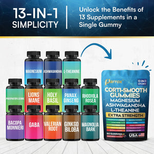 Corti-Smooth Cortisol Support Gummies with Magnesium, L-Theanine, Ashwagandha, Phosphatidylserine, Bacopa Monnieri, Lions Mane, Ginkgo Biloba, Valerian Root (60 Gummies - Mixed Berry Flavor)