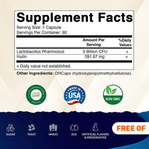 Vitamatic Lactobacillus Rhamnosus 5 Billion per DR Capsule (10 Billion per 2 Capsules) - 60 Count - Advanced Digestive & Immune Support - Made with Prebiotic Inulin Fiber