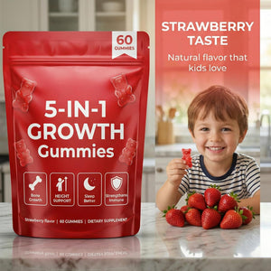 5-In-1 Growth Gummies, Supports Natural Height & Bone Development with Essential Amino Acids & D3, K2, Delicious Strawberry Flavor, 60-Count