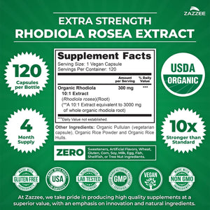 Zazzee USDA Organic Rhodiola 10:1 Extract, 120 Capsules, 4 Month Supply, Rhodiola Rosea, Energy, Stress & Mental Focus Support, Concentrated 10X Extract, All-Natural, Non-Gmo, Made in the USA
