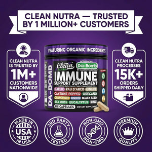 Organic Immune Support with PAU D'Arco Garlic Cayenne Pepper Oregano Ginger Grapefruit Onion Black Seed Sea Moss Black Pepper Zinc Eucalyptus Vitamin C Vitamin D Organic Soursop by Clean Nutra