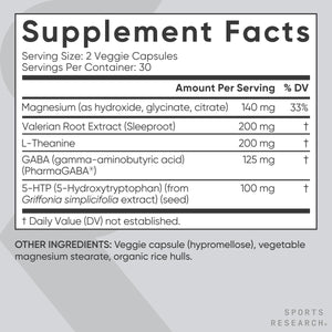 Sports Research® Sleep Complex- Melatonin-Free Vegan Capsules - with Valerian Root, GABA, L-Theanine, Magnesium & 5-HTP - 30 Servings