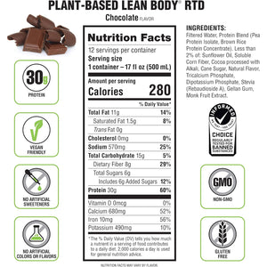 Lean Body Ready-To-Drink, Plant-Based Vegan Chocolate Protein Shake, 30G Protein, No Artificial Flavors, Sweeteners or Colors, Non GMO, Gluten Free, Premium Pea & Rice Blend (Pack of 12)