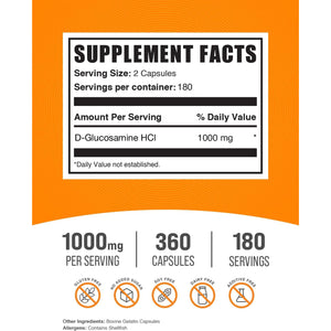 Bulksupplements.Com Glucosamine Hcl Capsules - Glucosamine Supplement, Nutritional Supplement - Gluten Free, 2 Capsules per Serving, 360 Count (Pack of 1)