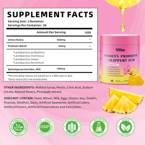 Women'S Probiotics Slippery Elm Gummies, Sugar-Free Feminine Probiotics Gummies Support Ph Balance, Gut Health & Immune System, Pineapple Flavor, 60 Count
