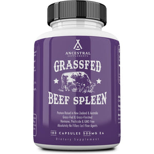 Ancestral Supplements Grass Fed Beef Spleen Supplement, 3000Mg Beef Organ Spleen Support Formula Promotes Digestive, Immune, Iron, Energy and Allergy Health, Non GMO, 180 Capsules