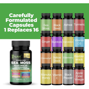 Organic Irish Sea Moss Capsules 120 Count –16 in 1 Sea Moss Supplement with Black Seed Oil, Ashwagandha, Turmeric & Ginger, Bladderwrack & Burdock Root, Vitamin D3 –Organic, Vegan, Halal, Non-Gmo