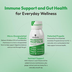 Bee and You Propolis Immune Shot, Probiotic, Vitamin C, Vitamin D3, Zinc, Ginger, Immune Support, Gut Health, Digestive Health, Bioactive 1.69 Fl. Oz, 12 Pack
