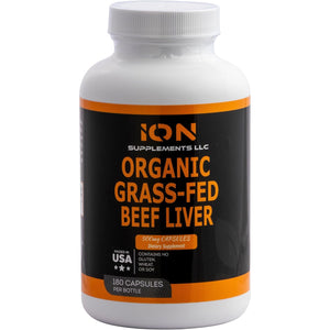 100% Organic Grass Fed Beef Liver Capsules (180 Caps) - Pasture Raised - Iron, Vitamin A, B, Collagen - Promotes Energy, Detoxification, Whole Body Wellness - Ancestral Paleo Living - Ion Supplements