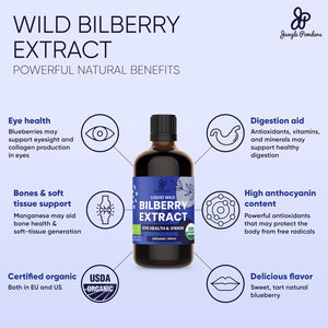 Jungle Powders Wild Bilberry Extract for Eyes USDA Organic 3.4Oz Bottle of Liquid Bilberry Anthocyanin Alcohol-Free European Blueberry Bilberry Supplement for Eyes High Bioavailability Liquid Extract