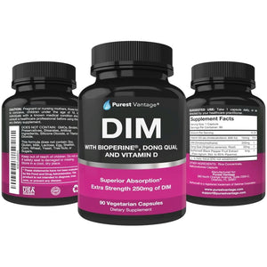 Pure DIM Supplement 250Mg Diindolylmethane plus Bioperine and Dong Quai - Hormone Balance Support for Women and Men, Menopause & Estrogen Support - 90 Vegetarian Capsules
