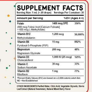 Folinic Acid Drops Kids 800 Mcg + L-Methylfolate + B12 +P5P B6 Gentle Methylation Great Taste, Magnesium Glycinate, Vitamin D3 & C Folate Support for Brain,Focus, Mood & Cellular Health 5-MTHF Drops