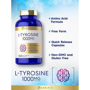 Carlyle L Tyrosine Capsules 1000Mg | 300 Count | Therapeutic Grade | for Men and Women | Non-Gmo & Gluten Free Supplement