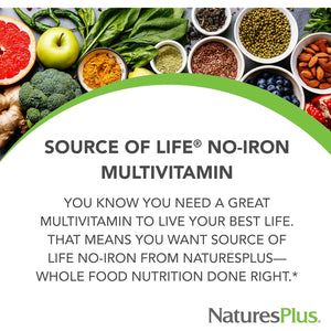 Naturesplus Source of Life No Iron - 90 Tablets - Multivitamin & Mineral Supplement with Vitamin D3 - Supports Natural Energy & Well-Being - Gluten Free, Vegetarian - 30 Servings
