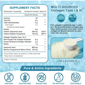 NATURE TARGET Marine Collagen Peptides Powder - Type I & III Collagen with Probiotics, Vitamin C & Hyaluronic Acid for Skin, Hair, Nails, Wild-Caught Fish & Grass-Fed Bovine, 35 Servings
