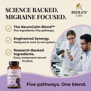 Migranova - Migraine Relief & Daily Prevention for Migraine Sufferers — Magnesium & Riboflavin B2 + Neurocalm Blend with Feverfew, Coq10, L-Theanine & Ginger, Vegan, Non-Gmo, USA Made, 60 Capsules