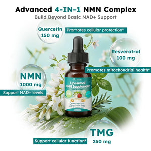 NMN Supplement Liquid Drops,4-In-1 NMN Beta 1000Mg W. Quercetin TMG Resveratrol for anti Aging Energy & Immune Support, NMNH Alternative Liposomal High Absorption for Women Men