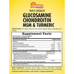 Sundance Glucosamine Chondroitin with MSM and Turmeric | 120 Caplets | Triple Strength Formula | Non-Gmo & Gluten Free Supplement