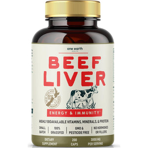 One Earth Health Grass Fed Beef Liver Capsules for Women & Men – Desiccated New Zealand Liver Supplement | Heme Iron, B12 & Folate | Grass-Fed & Finished | 3,000Mg, 200 Capsules