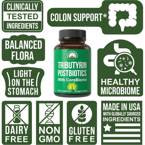 Corebiome Tributyrin Postbiotic Supplement Clinically Tested for Gut Health. More Effective than Sodium Butyrate Capsules. High Bioavailability Post Biotics for Digestive, Leaky Gut, Colon, Microbiome