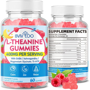 L-Theanine Gummies with L-Theanine 400 Mg, Ashwagandha, GABA, 5-HTP, Magnesium Glycinate for Calm, ZZZ & Relaxation Support - Vegan, Raspberry Flavor, 60 Count