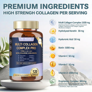 18-In-1 Collagen Pro with Hyaluronic Acid, Keratin, Biotin, VIT a C & E for Skin, Hair, Nails, Joint & Beauty - Multi Collagen Peptides Capsules with Type I II III V & X for Women & Men - 120 Caps