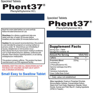 Phent37 (1 Bottle - 60 Speckled Tablets) - Advanced Phenylethylamine HCL Dietary Nutraceutical, Premium Small White and Blue Tablets, Boost Metabolism, Weight Management for Men and Women