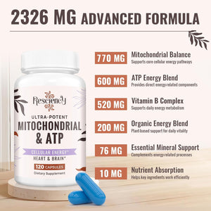 Resciency 2326 MG Mitochondrial Supplements with ATP, Vitamins, Coq10 & PQQ, More Effective than Creatine HMB & Nitric Oxide, Energy, Endurance, Strength, Recovery & Muscle, Organic, 120 Capsules