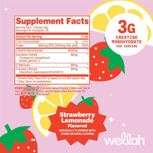 Wellah Creatine for Women - Creatine Monohydrate with Dandelion & Cranberry Extract (50 Servings, Strawberry Lemonade)