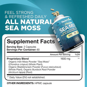 Nutrivein Organic Sea Moss 1600Mg plus Bladderwrack & Burdock - 120 Caps for Adults - Prebiotic Super-Food - Immune System & Digestive Health - Thyroid, Skin, Keto Detox, Gut, Joint Support