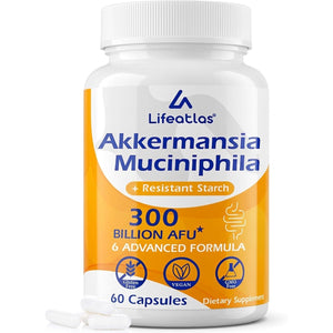 Lifeatlas Akkermansia Supplement Probiotic | Akkermansia with 300 Billion AFU Akkermansia Probiotic, 6-In-1 Akkermansia Probiotics for Women and Men, Daily Akkermansia Supplement, 60 Caps