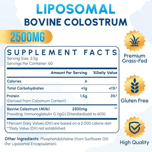 Zdoroviye Liposomal Bovine Colostrum Powder Supplement 2500 Mg, Higher Absorption than Regular Bovine Colostrum (60 Servings)