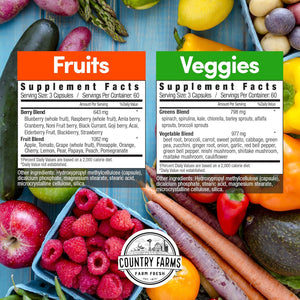 Country Farms Fruits and Vegetables Supplement, 180 Fruit and 180 Veggie Capsules, Greens and Reds Packed with Superfoods, Powerful Antioxidants, 60 Servings
