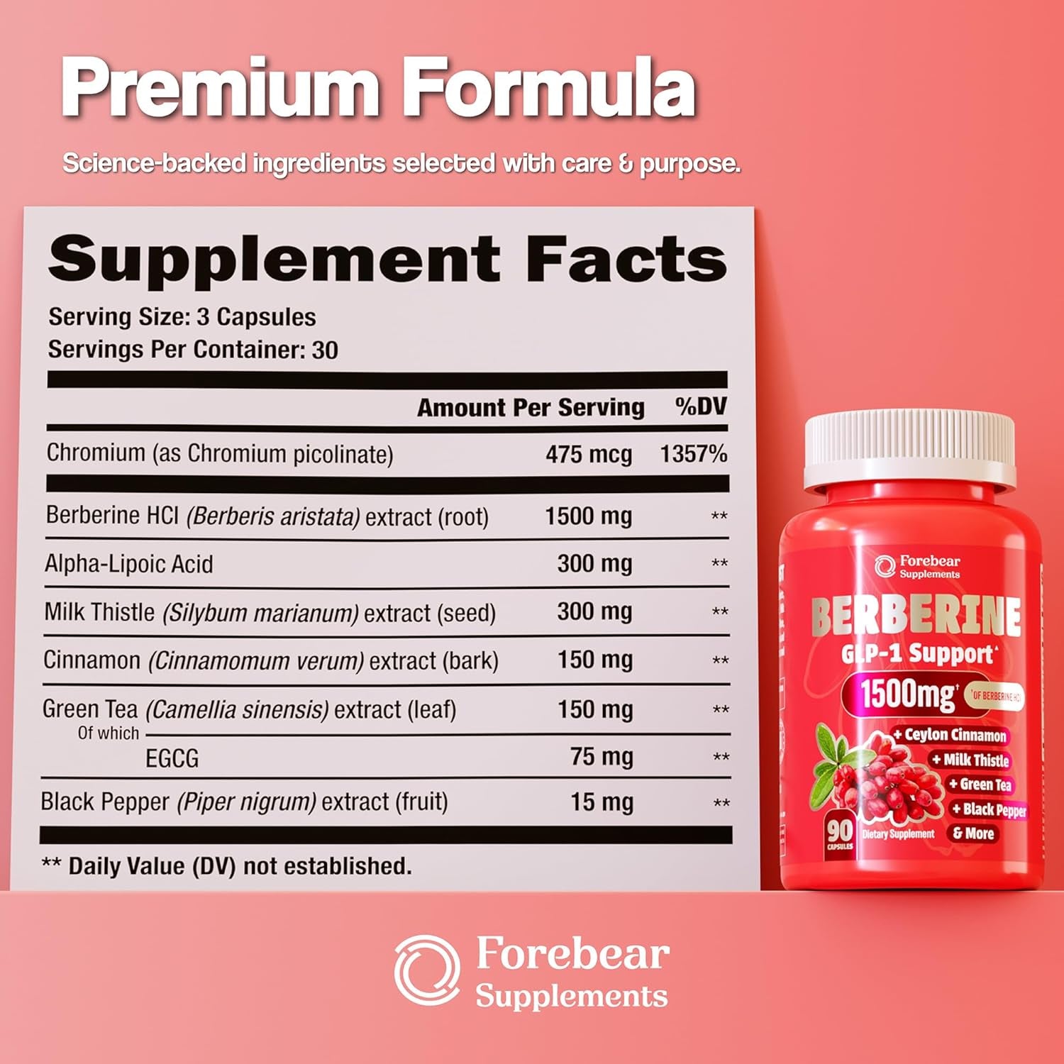 Berberine 1500Mg GLP-1 Weight Loss Supplement Pills for Women & Men - Appetite Suppressant with Ceylon Cinnamon, Milk Thistle, Chromium Picolinate, Green Tea & Alpha Lipoic Acid - 90 Veggie Capsules