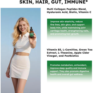 Liquid Collagen for Women GLP 10-In-1 Formula Multi Collagen Burn Drops Trim & Glow Hyaluronic Acid Biotin Green Tea L-Carnitine & ACV for Hair Growth Metabolism Skin Gut & Digestive Health