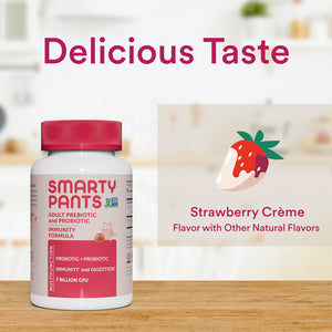 Smartypants Adult Probiotic & Prebiotic Gummies for Digestive Health: Gut Health Supplement, Clinically Studied Prebiotic for Immune Support, Strawberry, 60 Count (30 Day Supply)