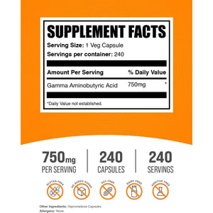 Bulksupplements.Com Gamma Aminobutyric Acid Capsules - GABA Supplement, GABA 750Mg - Vegan & Gluten Free, 1 Capsule per Serving, 240 Count (Pack of 1)