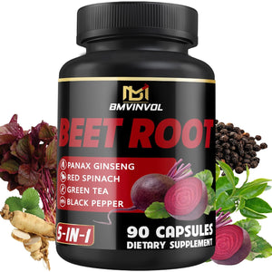 Beet Root Capsules - Green Tea, Red Spinach, Ginseng, Black Pepper - 90 Count - Supports Digestive, Immune System, Energy Levels - 3 Month Supply