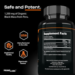 Prime Labs Organic Black Maca Root Capsules 1,200Mg - Stamina, Drive, Energy, Vitality - Peruvian 20:1 Extract - for Men & Women - 60 Count