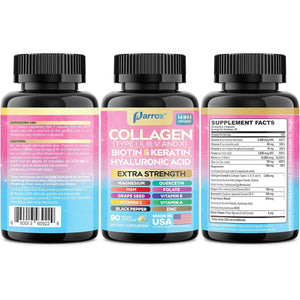 Collagen Peptides Types I, II, III, V & X, MCG Biotin, Keratin, Hyaluronic Acid, MSM, Zinc, Grape Seed Extract, Quercetin, Vitamin A, Vitamin C, Vitamin E, Magnesium, Folic Acid (90 Capsules)