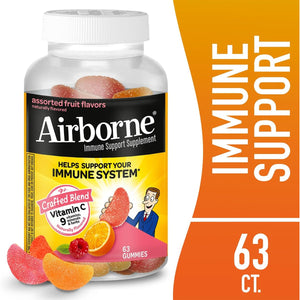 Airborne Immune Support Gummies, Assorted Fruit Flavor, 63 Ct - 750 Mg Vitamin C + Vitamins A, D & E + Zinc, Selenium, and Manganese | with Herbal Blend | Naturally Flavored