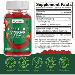YUM-V'S Apple Cider Vinegar Gummies – ACV Gummies with Ginger & the Mother – Supports Metabolism, Vitality & Daily Wellness – Natural Apple Flavor Vegan, Non-Gmo, Gluten-Free, Cider Gummy – 60 Count