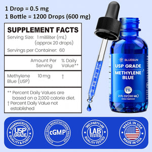 Bluesun Methylene Blue Drops 1% Pharmaceutical Grade - Made in USA, Formaldehyde-Free, Third-Party Tested, USP Purity 99.99%, Gmo-Free, Alcohol-Free - 2 FL OZ (60Ml) in Amber Glass, 10Mg/Ml