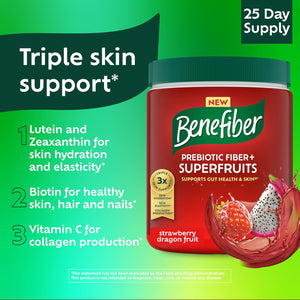Benefiber Prebiotic GLP-1 Friendly Fiber + Superfruits Dietary Supplement, Strawberry Dragon Fruit Flavor, 8.8 Oz (250G)