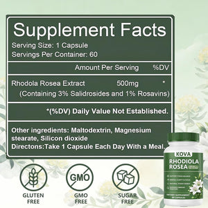 Wuliao KOVA Rhodiola Rosea Capsules, Rhodiola Rosea Extract Supplement for Balanced Cortisol - Stress & Focus Support, Metabolism, Energy & Immune Health – 60 Capsules (1)