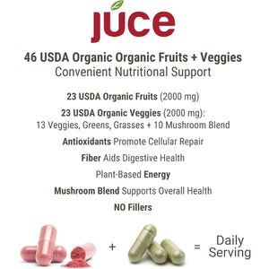 Juce Original Formula - Organic Super Fruit & Veggies Supplement - Gluten/Gelatin Free, Soy Free & Vegan- Reds & Greens Superfood Capsules- 23 Fruits & 23 Vegetables (180 Count)- by Terra Kai Organics