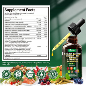 Thyroid Support for Women & Men, 22 in 1 Natural Herbal Formula Support Body Immune & Balance | Kelp Ashwagandha Turmeric Selenium Zinc L-Tyrosine Vitamin B12 | Thyroid Supplement Liquid Drops, 120 ML