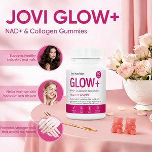 Jovi Glow+ NAD+ & Collagen Gummies, Multi-Type Hydrolyzed Collagen Peptides, Resveratrol, Hyaluronicacid, Vitaminc, Supplement for Skin, Hair, Nails, 90 Count (1, A)