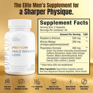 Premium Male Weight Loss - Fat Burner for Men - Supports Healthy Pathways Associated with GLP-1 Activity - Appetite Suppressant, Energy Booster, Helps Sustain Muscle - 60 Unisex Capsules